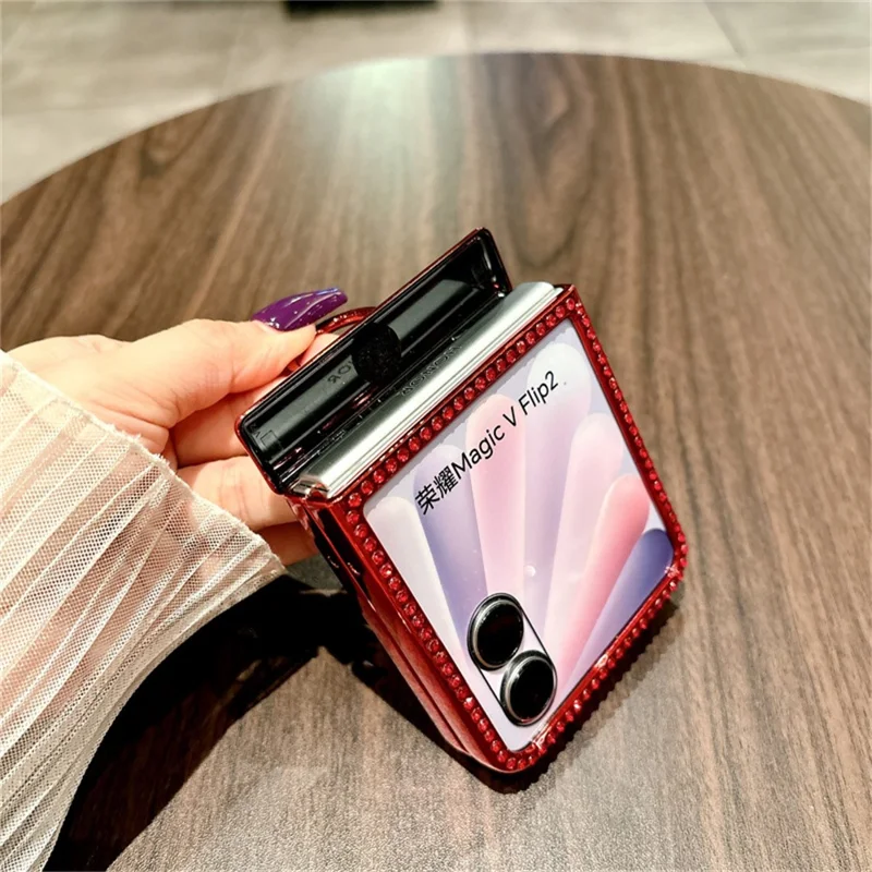 For Honor Magic V Flip 2 Case Shiny Glitter Ring Holder PC Phone Cover with Tempered Glass Rear Screen Film