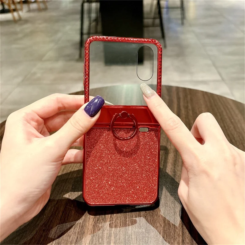 For Xiaomi Mix Flip 2 Case Shiny Glitter Ring Holder PC Phone Cover with Tempered Glass Rear Screen Film