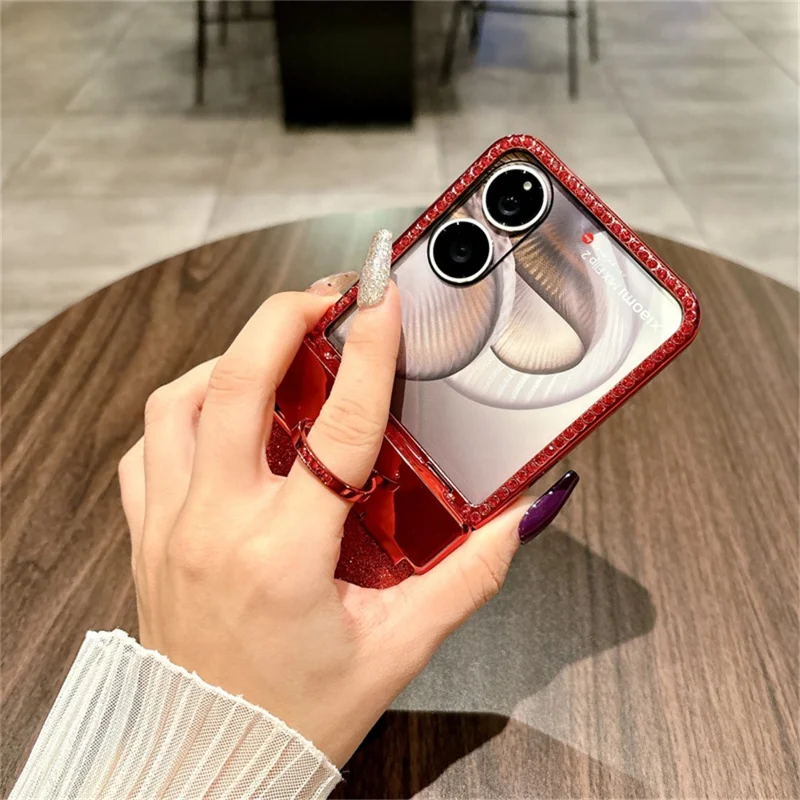 For Xiaomi Mix Flip 2 Case Shiny Glitter Ring Holder PC Phone Cover with Tempered Glass Rear Screen Film