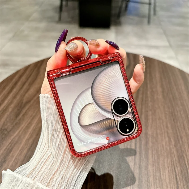 For Xiaomi Mix Flip 2 Case Shiny Glitter Ring Holder PC Phone Cover with Tempered Glass Rear Screen Film