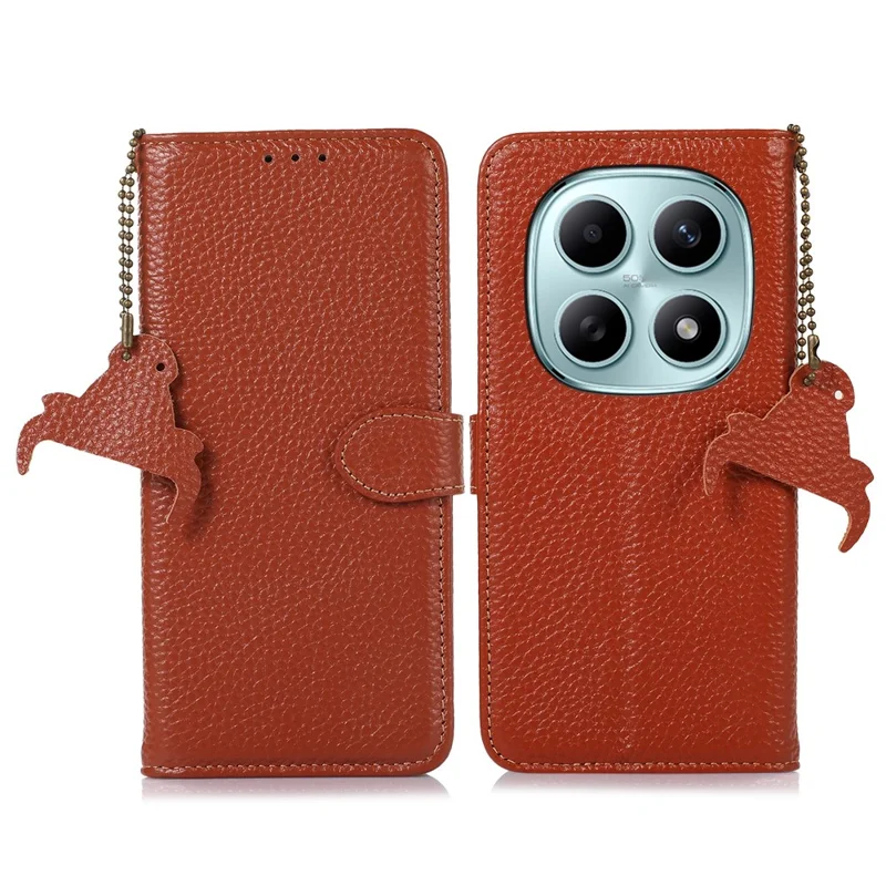 For Xiaomi Redmi Note 15 5G (Global) Case RFID Blocking Genuine Cow Leather Phone Cover Litchi Texture - Brown