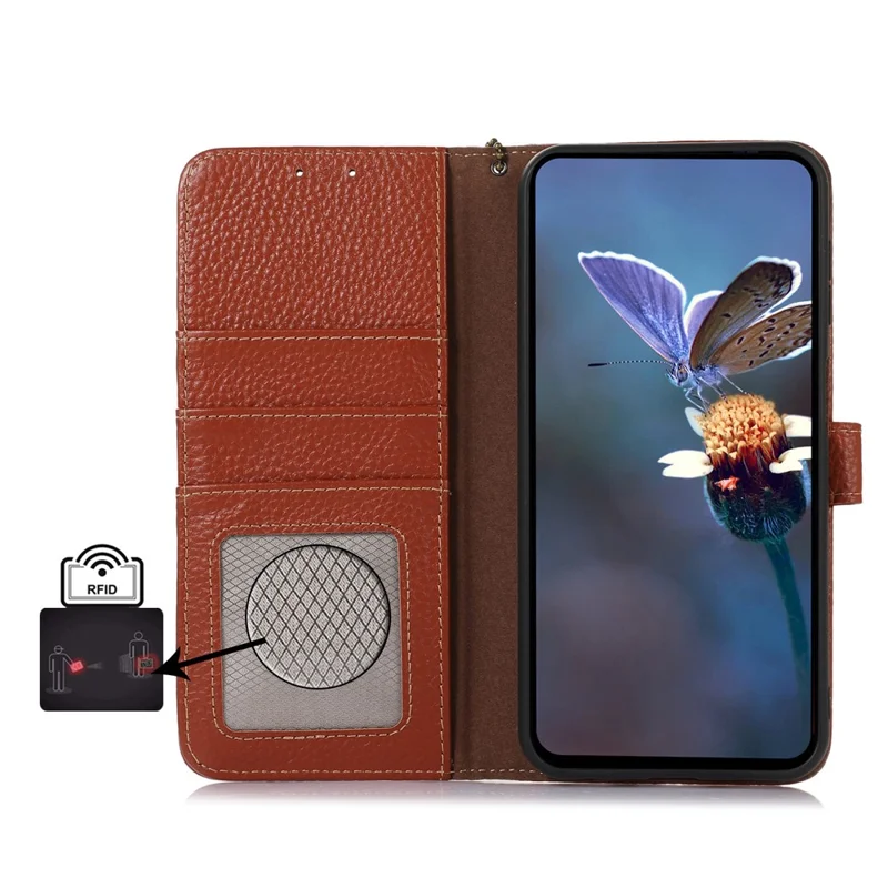 For Xiaomi Redmi Note 15 5G (Global) Case RFID Blocking Genuine Cow Leather Phone Cover Litchi Texture - Brown