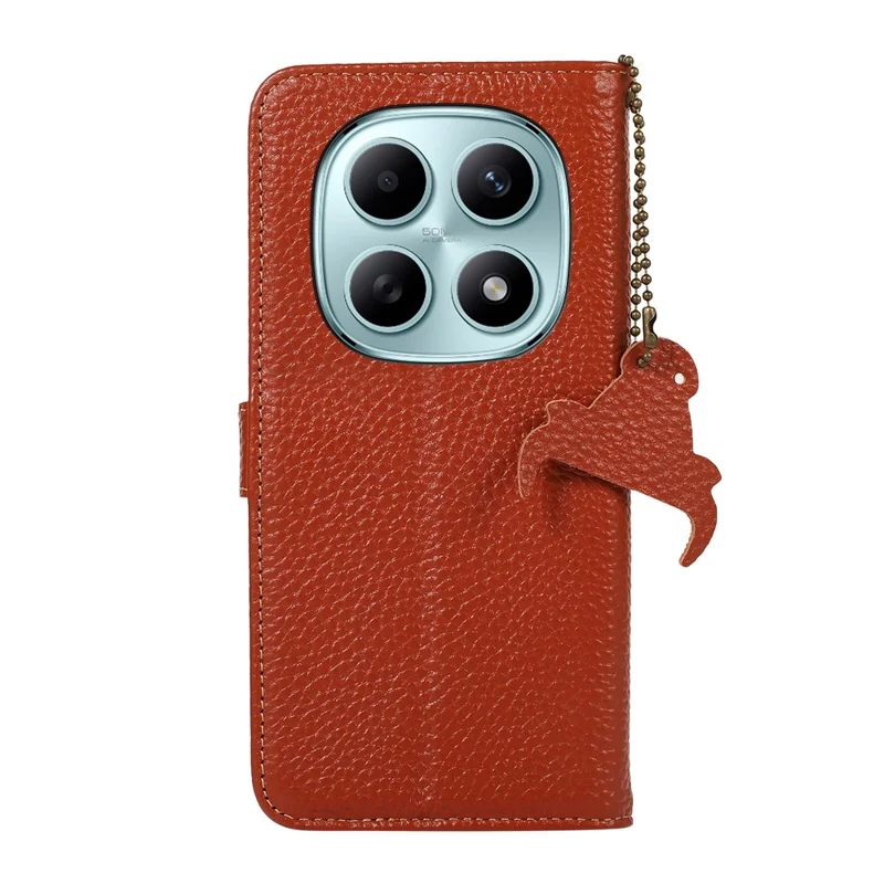 For Xiaomi Redmi Note 15 5G (Global) Case RFID Blocking Genuine Cow Leather Phone Cover Litchi Texture - Brown