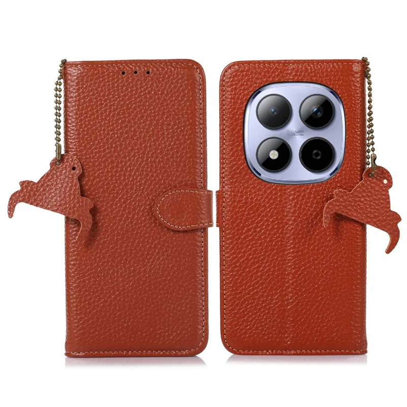 Für Xiaomi Redmi Note 15 Pro 5G Hülle RFID-Blockierung Echtes Rindsleder Handyhülle Litchi-Textur - Braun