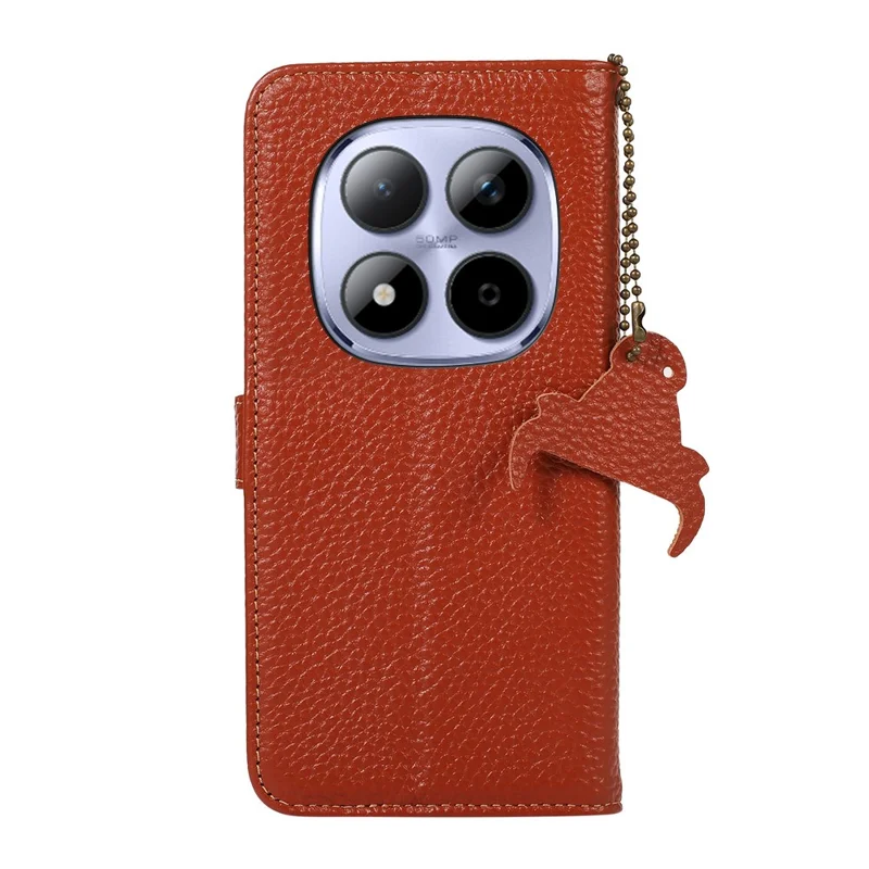 Für Xiaomi Redmi Note 15 Pro 5G Hülle RFID-Blockierung Echtes Rindsleder Handyhülle Litchi-Textur - Braun