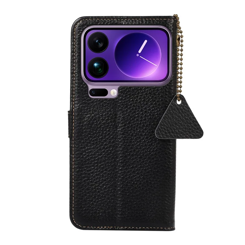 Xiaomi 17 Pro Max Hülle RFID-Blockierung Echtes Rindsleder Handyhülle Litchi-Textur - Schwarz