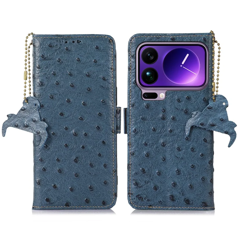 Xiaomi 17 Pro Max Hülle RFID-Blockierung Echtes Rindsleder Handyhülle Straußentextur - Blau