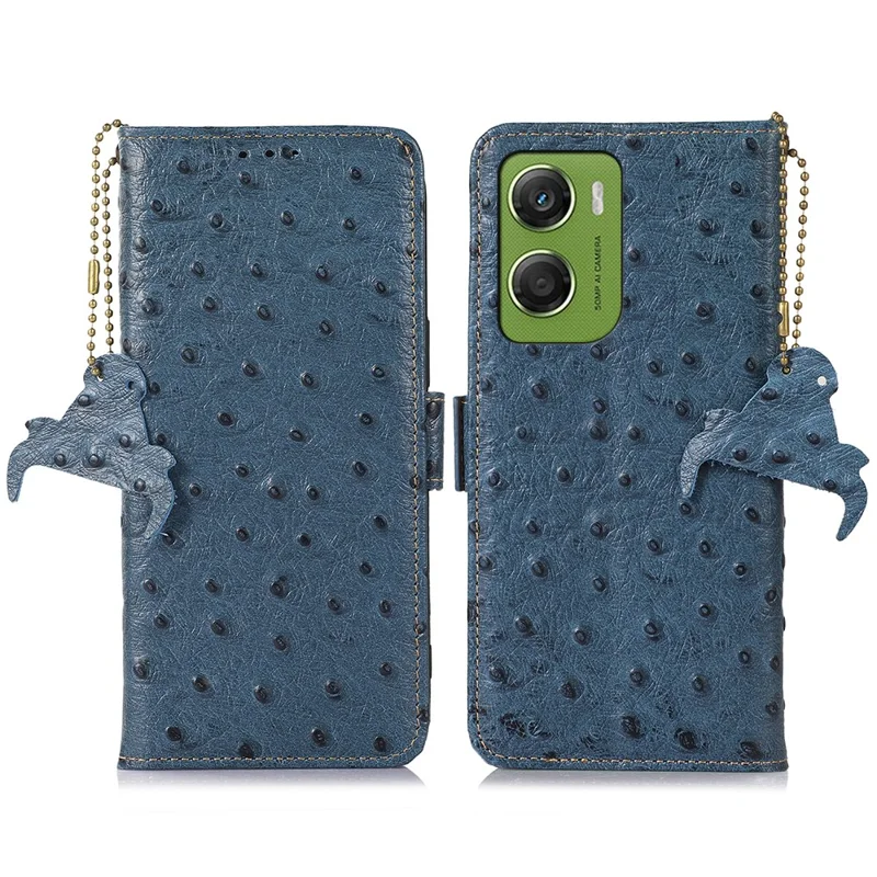 Caso Motorola Moto G06 4G RFID Blocking Genuine Cow Leather Phone Case Ostrich Texture - Azul