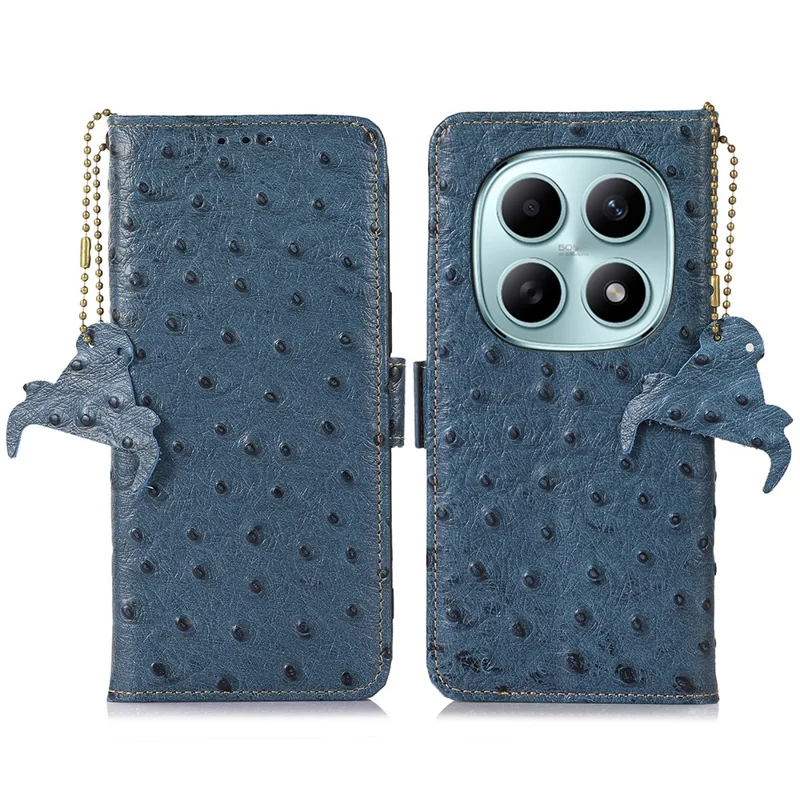 Für Xiaomi Redmi Note 15 5G (China) Hülle RFID-Blockierung Echtes Rindsleder Handyhülle Straußentextur - Blau