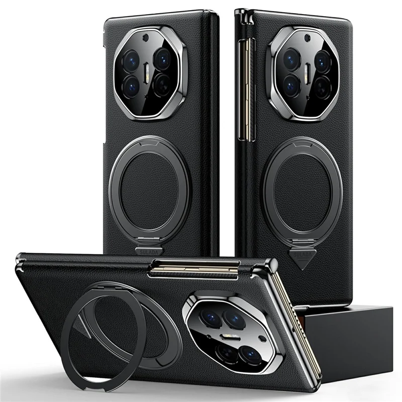 SULADA til Huawei Mate XT Ultimate / XTs Ultimate Magnetisk Case med Roterende Ståbøjle, Dobbeltakse, Ægte Kuelskind Telefonbeskyttelse - Sort