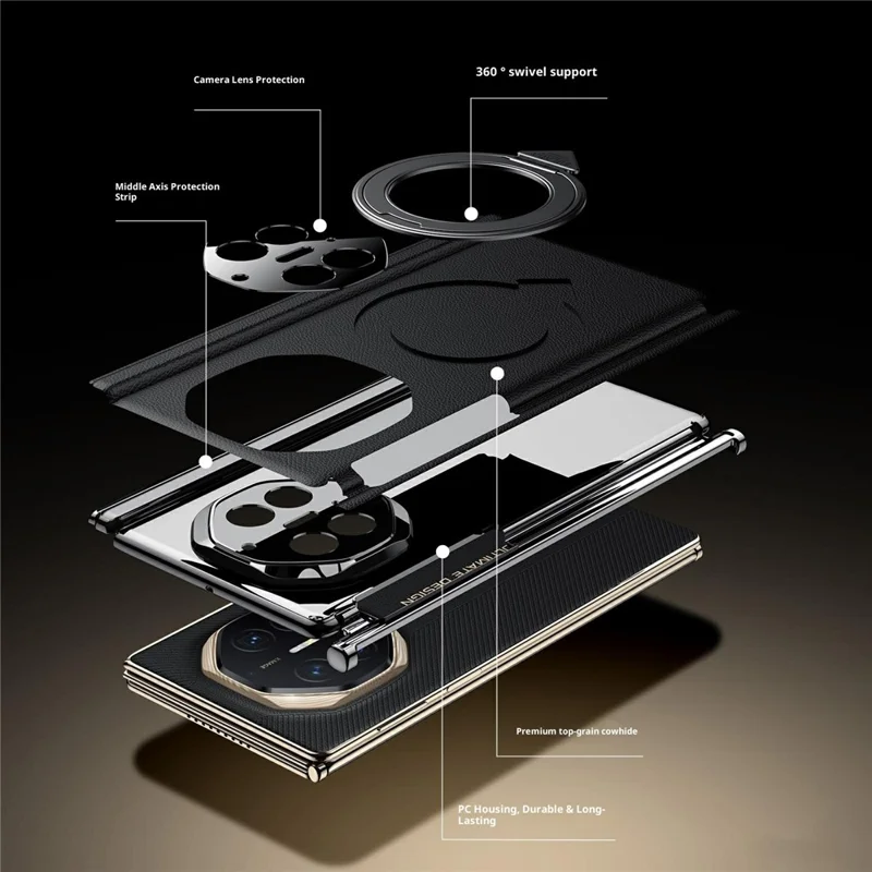 SULADA til Huawei Mate XT Ultimate / XTs Ultimate Magnetisk Case med Roterende Ståbøjle, Dobbeltakse, Ægte Kuelskind Telefonbeskyttelse - Sort