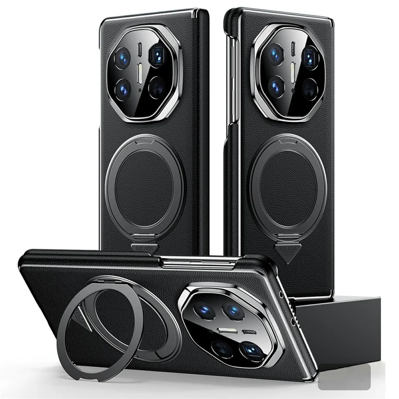 SULADA For Huawei Mate X5 Magnetic Case Rotating Kickstand Dual Axis Genuine Cow Leather Phone Cover - Black