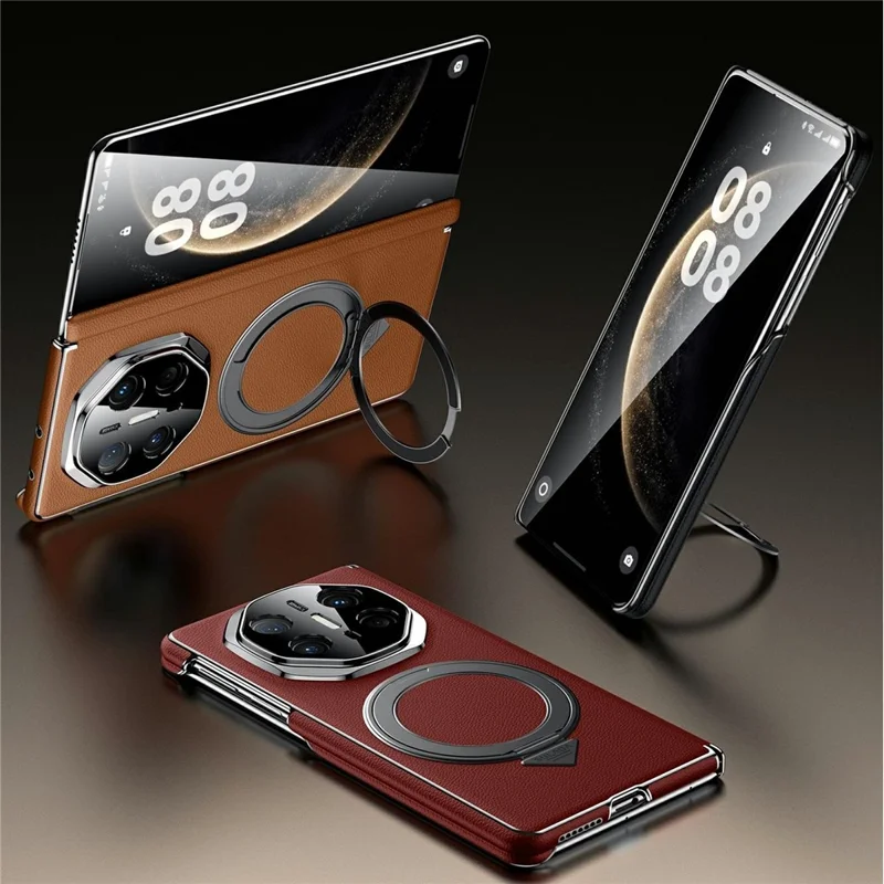 SULADA For Huawei Mate X5 Magnetic Case Rotating Kickstand Dual Axis Genuine Cow Leather Phone Cover - Black