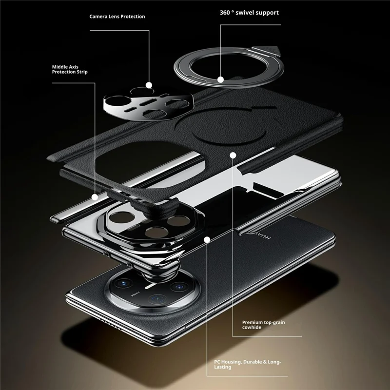 SULADA For Huawei Mate X5 Magnetic Case Rotating Kickstand Dual Axis Genuine Cow Leather Phone Cover - Black