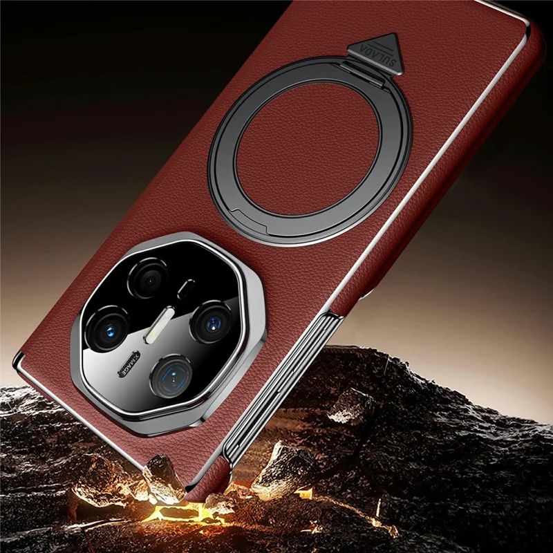 SULADA For Huawei Mate X5 Magnetic Case Rotating Kickstand Dual Axis Genuine Cow Leather Phone Cover - Black