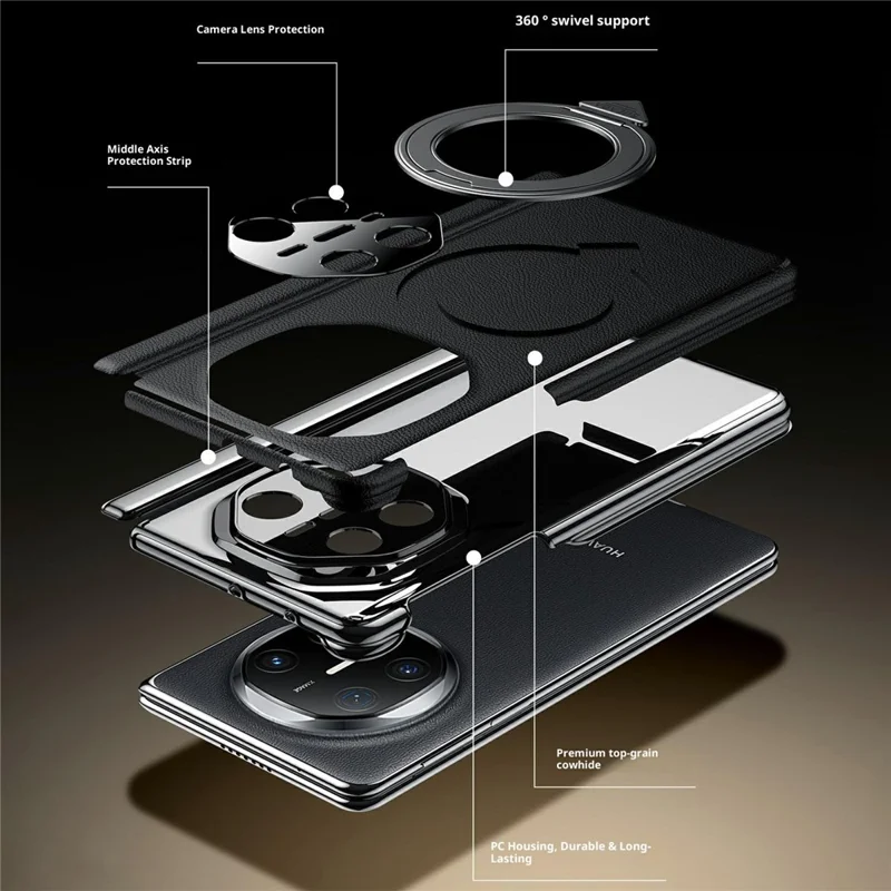 SULADA Pour Huawei Mate X6 Étui Magnétique Avec Support Rotatif à Double Axe en Véritable Cuir de Vache - Noir