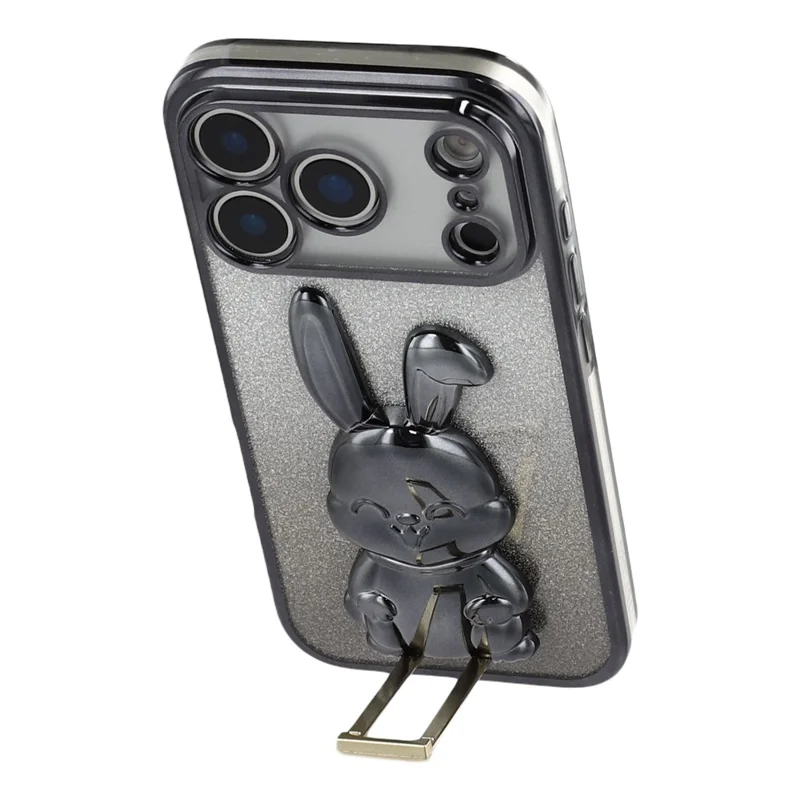 For iPhone 17 Pro Case Electroplating Glitter Rabbit PC + TPU Phone Cover with Kickstand - Black