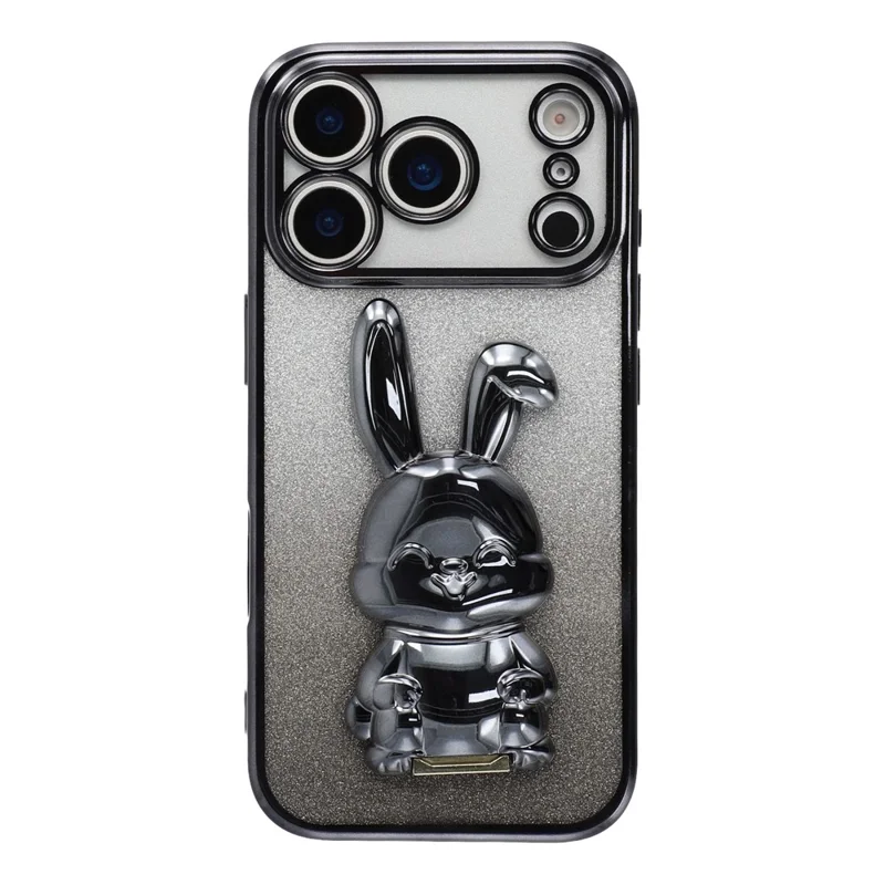 For iPhone 17 Pro Max Case Electroplating Glitter Rabbit PC + TPU Phone Cover with Kickstand - Black