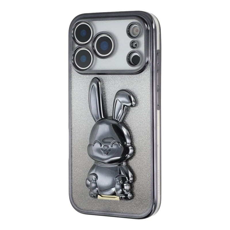 For iPhone 17 Pro Max Case Electroplating Glitter Rabbit PC + TPU Phone Cover with Kickstand - Black