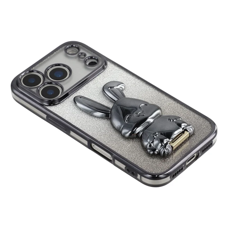For iPhone 17 Pro Max Case Electroplating Glitter Rabbit PC + TPU Phone Cover with Kickstand - Black