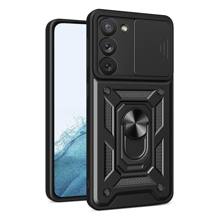 Para Samsung Galaxy S23 Ring Kickstand PC + TPU Protective Cover Anti-drop Phone Case con Slide Camera Lid - Negro