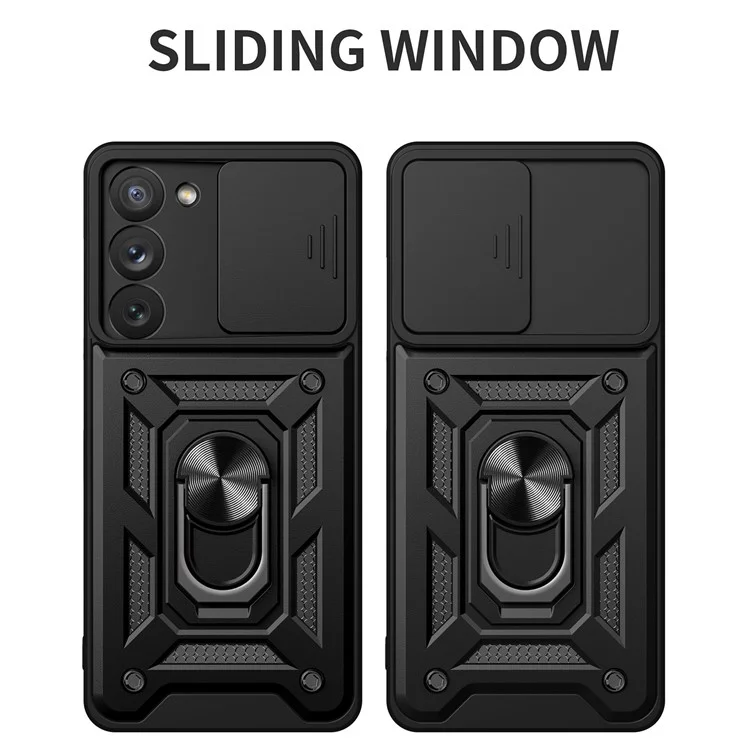 Para Samsung Galaxy S23 Ring Kickstand PC + TPU Protective Cover Anti-drop Phone Case con Slide Camera Lid - Negro