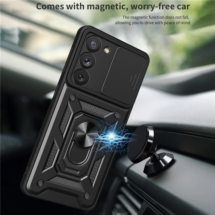 Para Samsung Galaxy S23 Ring Kickstand PC + TPU Protective Cover Anti-drop Phone Case con Slide Camera Lid - Negro