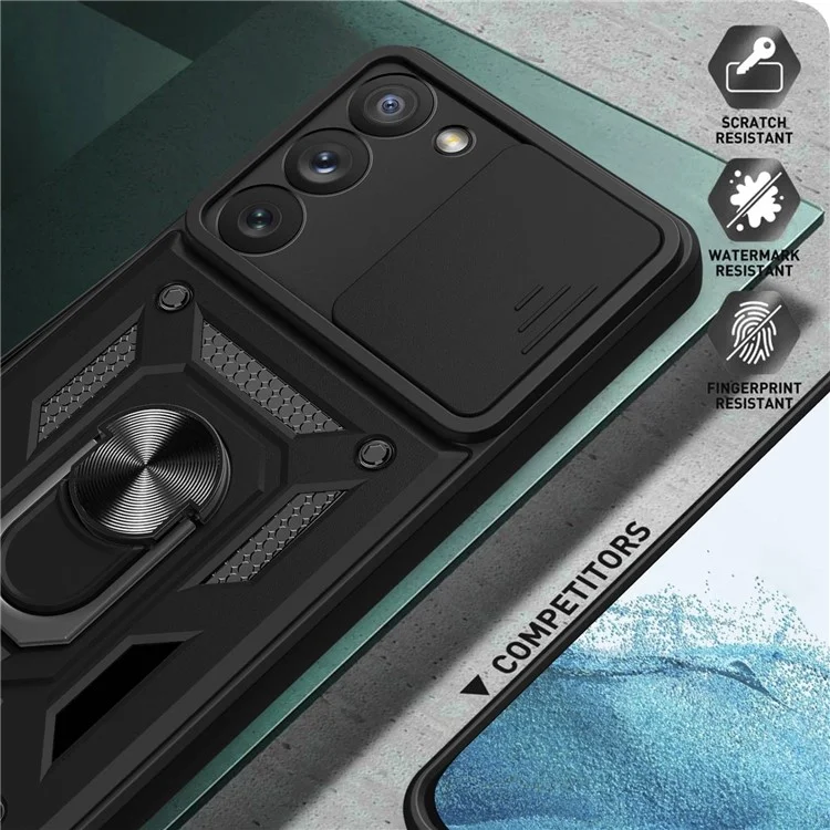 Para Samsung Galaxy S23 Ring Kickstand PC + TPU Protective Cover Anti-drop Phone Case con Slide Camera Lid - Negro