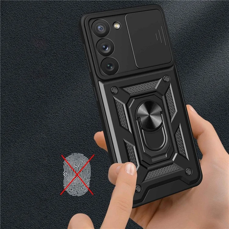 Para Samsung Galaxy S23 Ring Kickstand PC + TPU Protective Cover Anti-drop Phone Case con Slide Camera Lid - Negro