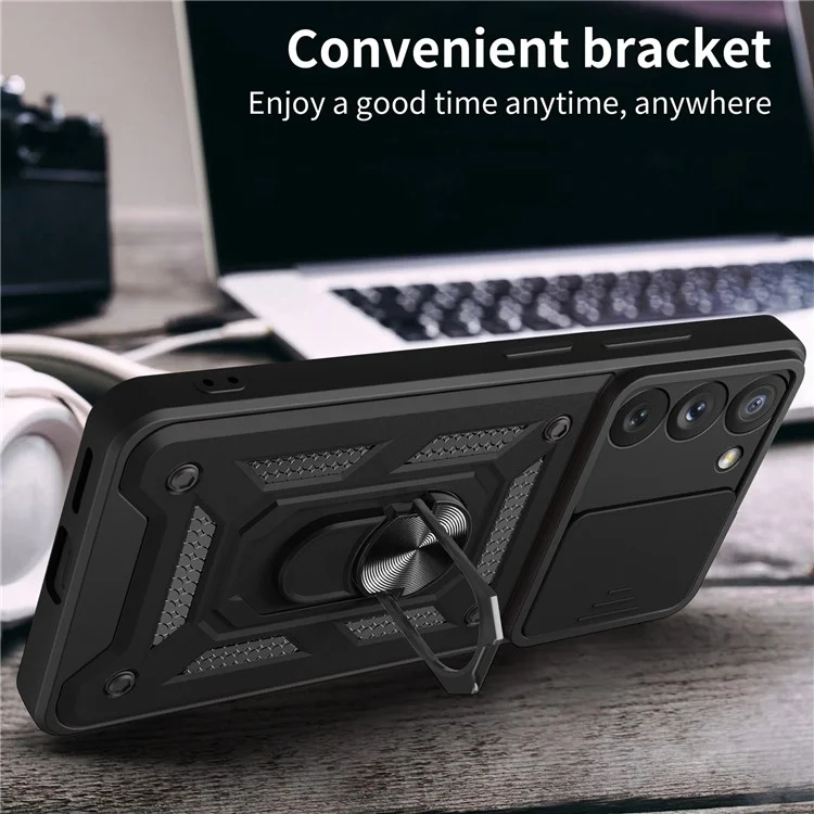 Para Samsung Galaxy S23 Ring Kickstand PC + TPU Protective Cover Anti-drop Phone Case con Slide Camera Lid - Negro