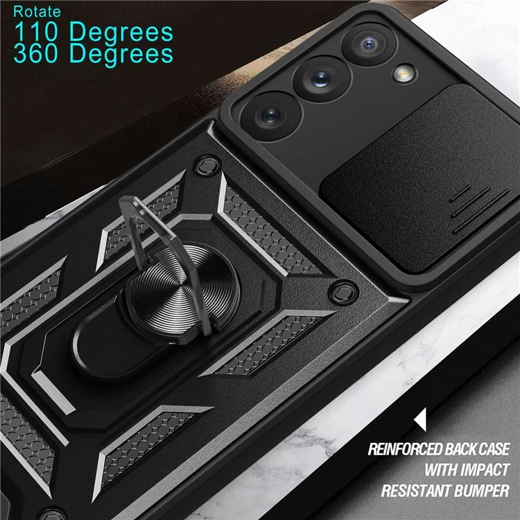 Para Samsung Galaxy S23 Ring Kickstand PC + TPU Protective Cover Anti-drop Phone Case con Slide Camera Lid - Negro