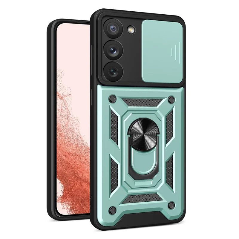 Anti-scratch Phone Case For Samsung Galaxy S23+, Ring Kickstand PC + TPU Back Cover with Slide Camera Protector - Green