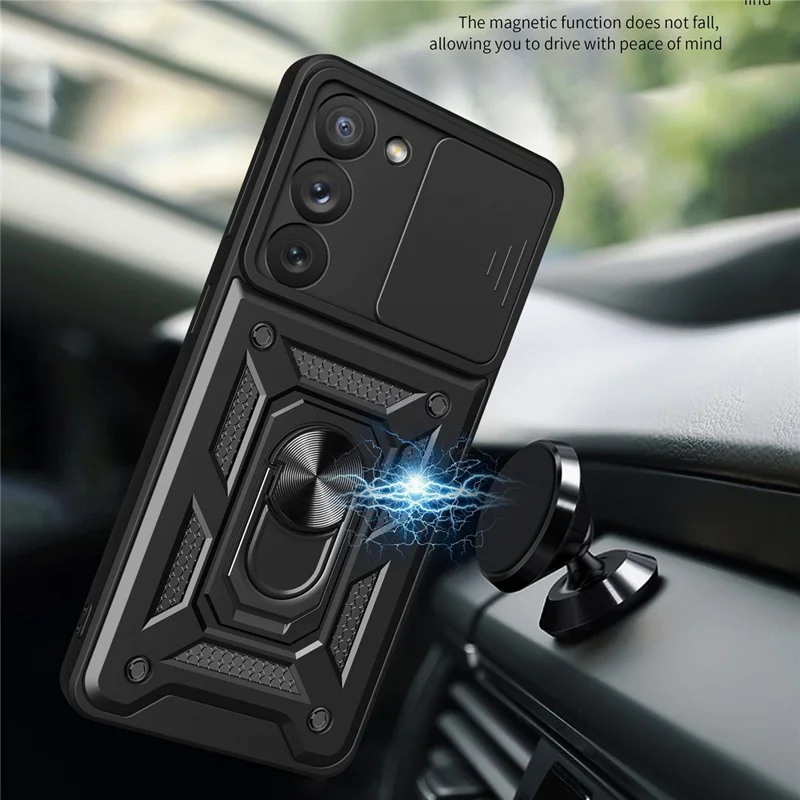 Anti-scratch Phone Case For Samsung Galaxy S23+, Ring Kickstand PC + TPU Back Cover with Slide Camera Protector - Green