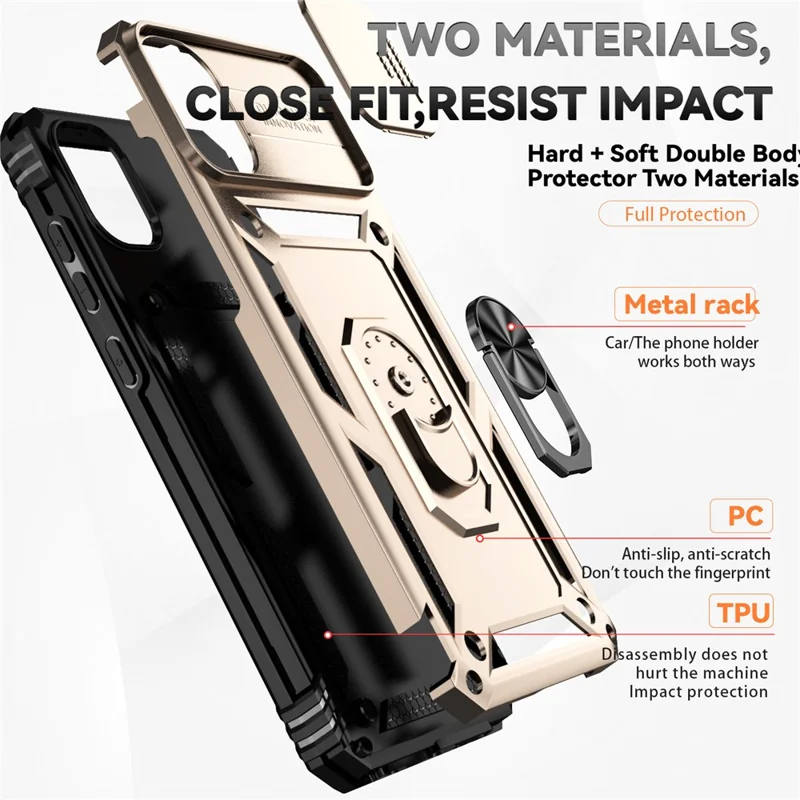 For Samsung Galaxy A07 4G / A06 4G Case PC + TPU Phone Cover with Lens Protection Kickstand - Gold