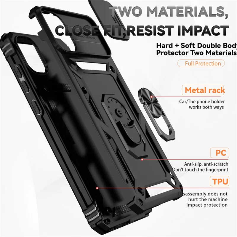 For Samsung Galaxy A07 4G / A06 4G Case PC + TPU Phone Cover with Lens Protection Kickstand - Black