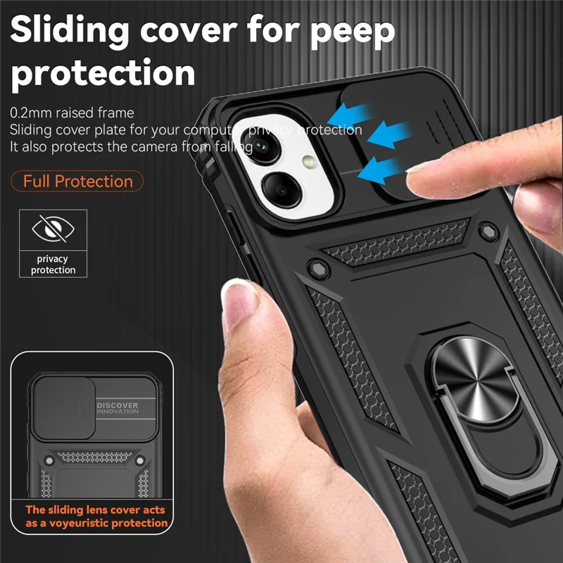 For Samsung Galaxy A07 4G / A06 4G Case PC + TPU Phone Cover with Lens Protection Kickstand - Black
