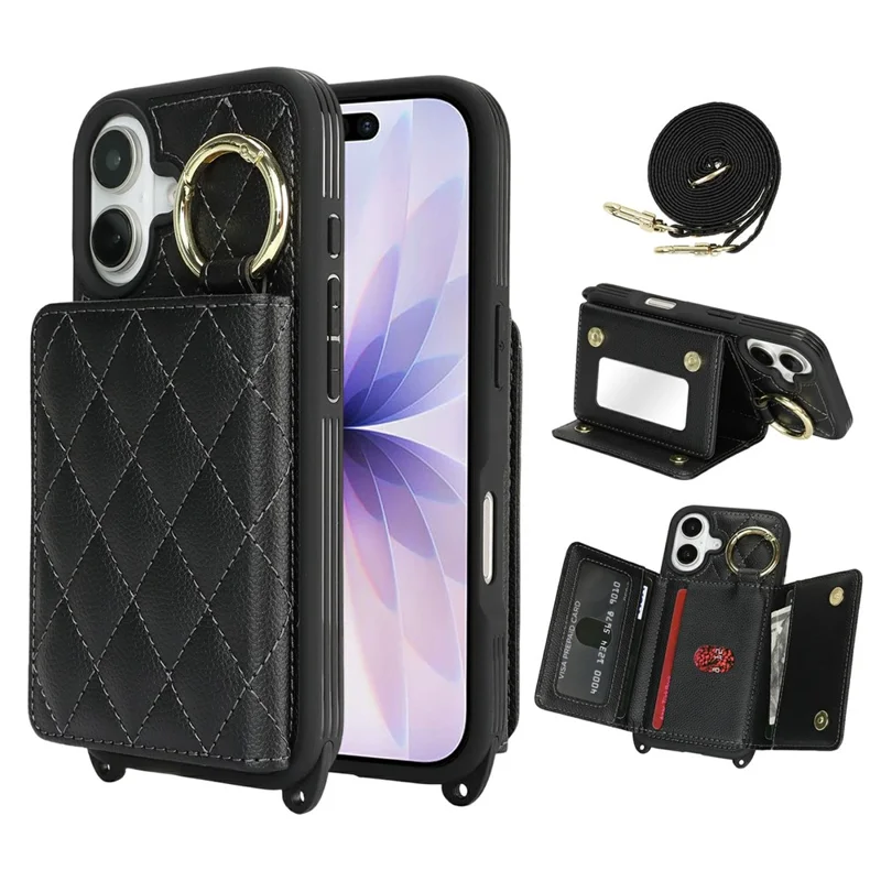 For iPhone 17 Case with Lanyard  /  Mirror  /  Card Holder Grids Pattern RFID Blocking Phone Cover - Black