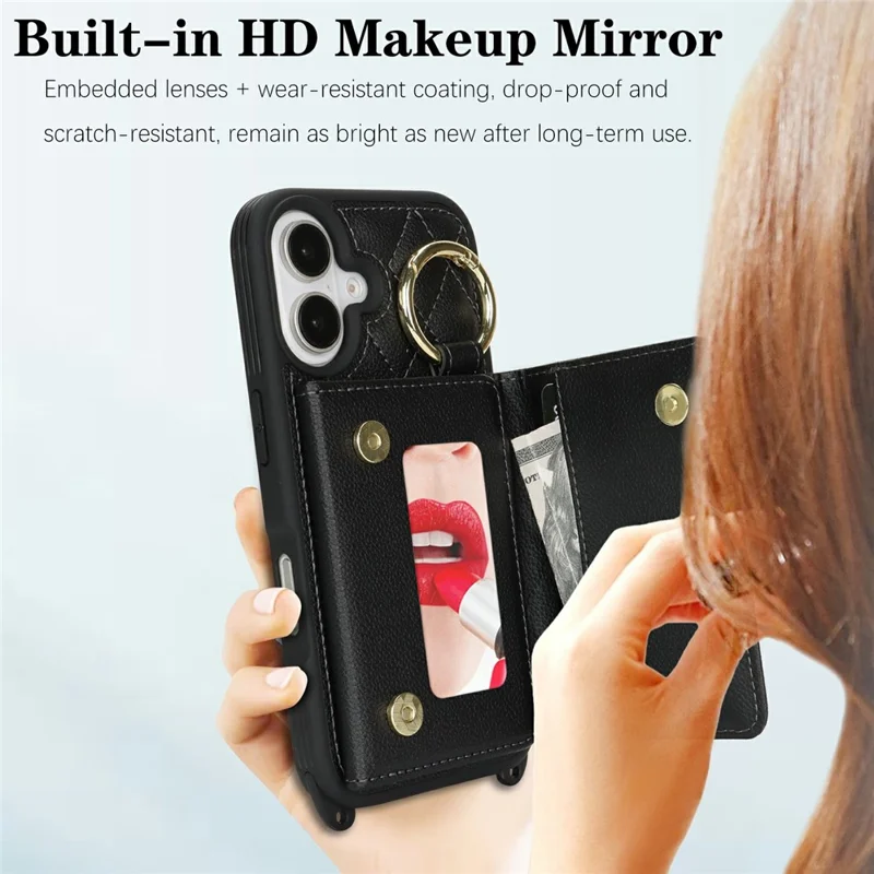 For iPhone 17 Case with Lanyard  /  Mirror  /  Card Holder Grids Pattern RFID Blocking Phone Cover - Black