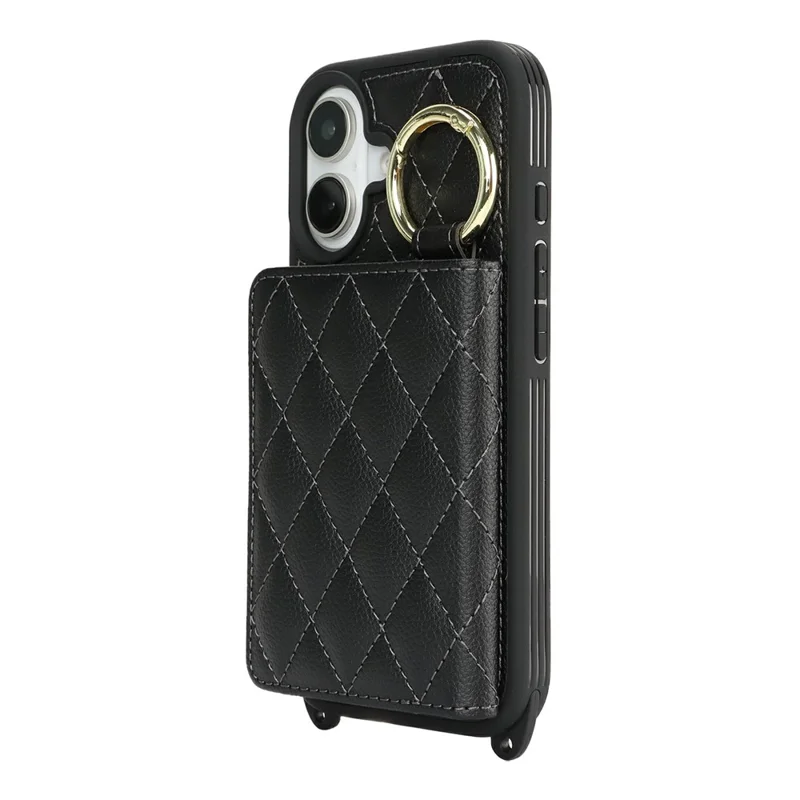 For iPhone 17 Case with Lanyard  /  Mirror  /  Card Holder Grids Pattern RFID Blocking Phone Cover - Black