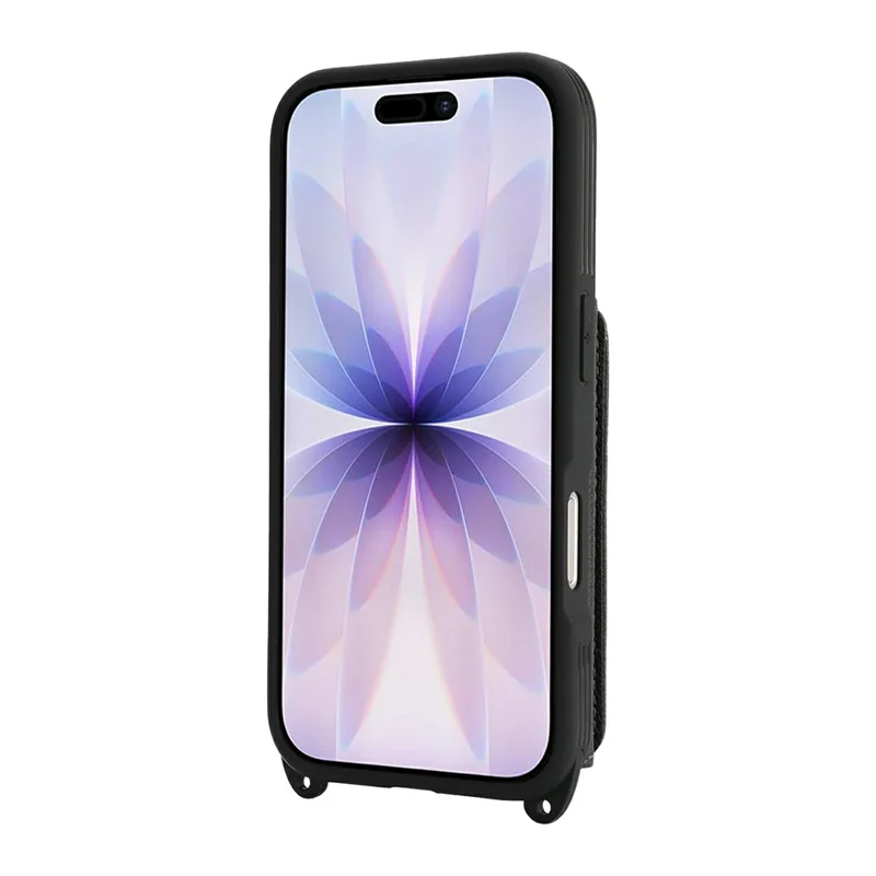 For iPhone 17 Case with Lanyard  /  Mirror  /  Card Holder Grids Pattern RFID Blocking Phone Cover - Black