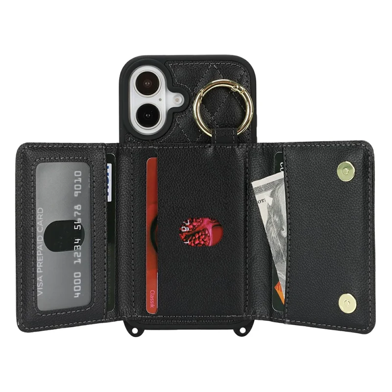 For iPhone 17 Case with Lanyard  /  Mirror  /  Card Holder Grids Pattern RFID Blocking Phone Cover - Black