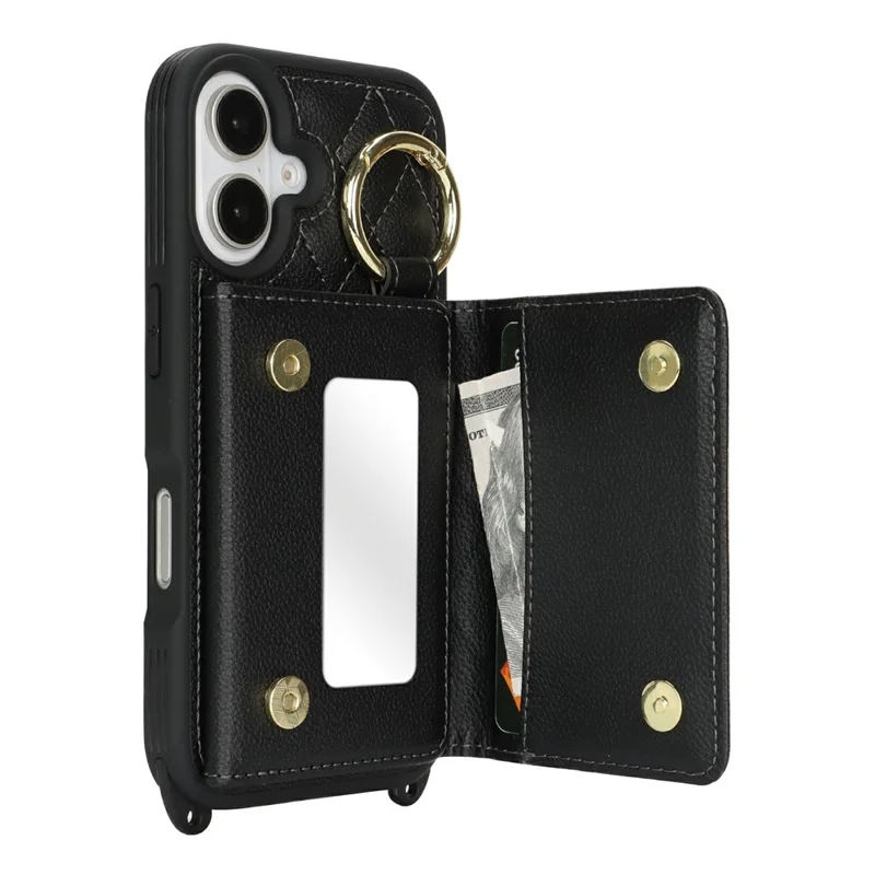 For iPhone 17 Case with Lanyard  /  Mirror  /  Card Holder Grids Pattern RFID Blocking Phone Cover - Black