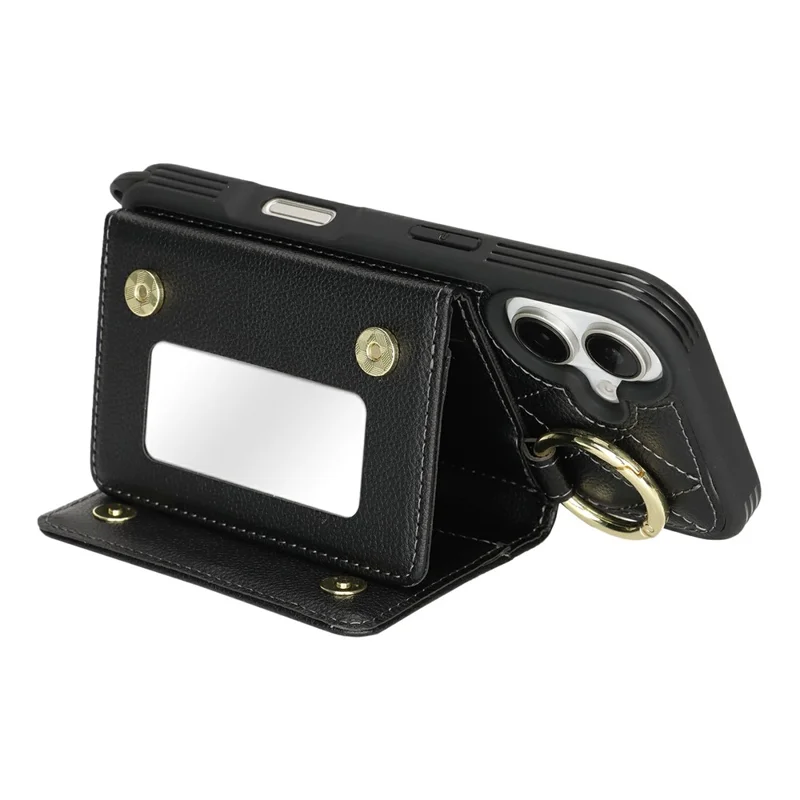 For iPhone 17 Case with Lanyard  /  Mirror  /  Card Holder Grids Pattern RFID Blocking Phone Cover - Black