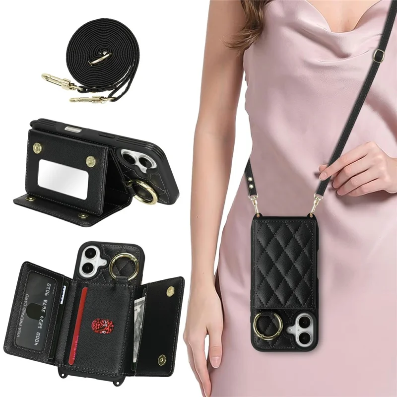 For iPhone 17 Case with Lanyard  /  Mirror  /  Card Holder Grids Pattern RFID Blocking Phone Cover - Black