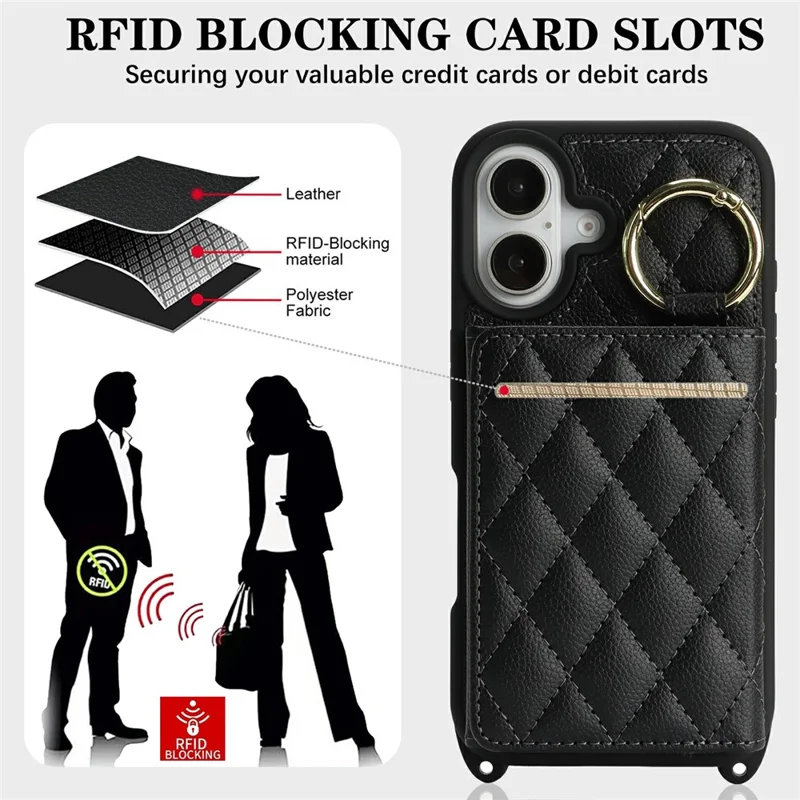For iPhone 17 Case with Lanyard  /  Mirror  /  Card Holder Grids Pattern RFID Blocking Phone Cover - Black