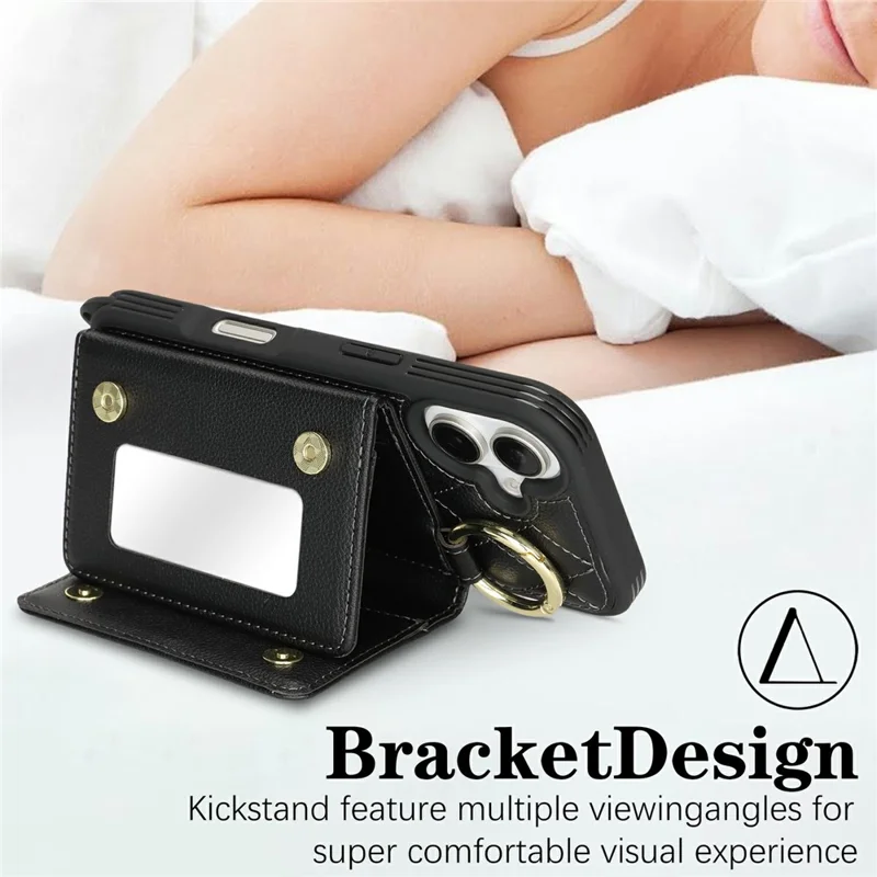 For iPhone 17 Case with Lanyard  /  Mirror  /  Card Holder Grids Pattern RFID Blocking Phone Cover - Black