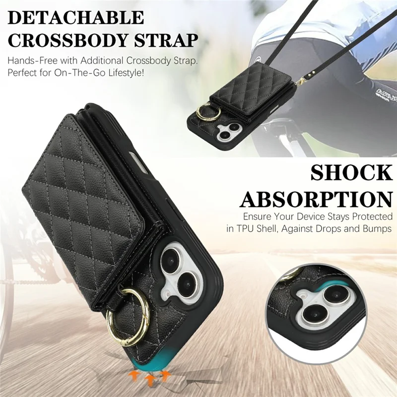 For iPhone 17 Case with Lanyard  /  Mirror  /  Card Holder Grids Pattern RFID Blocking Phone Cover - Black