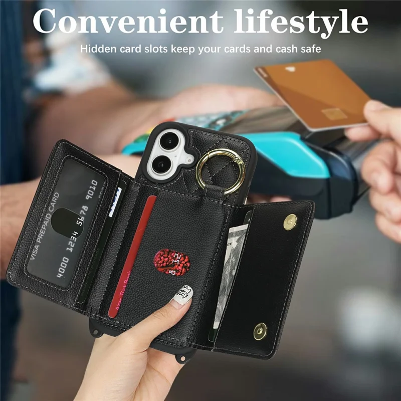 For iPhone 17 Case with Lanyard  /  Mirror  /  Card Holder Grids Pattern RFID Blocking Phone Cover - Black