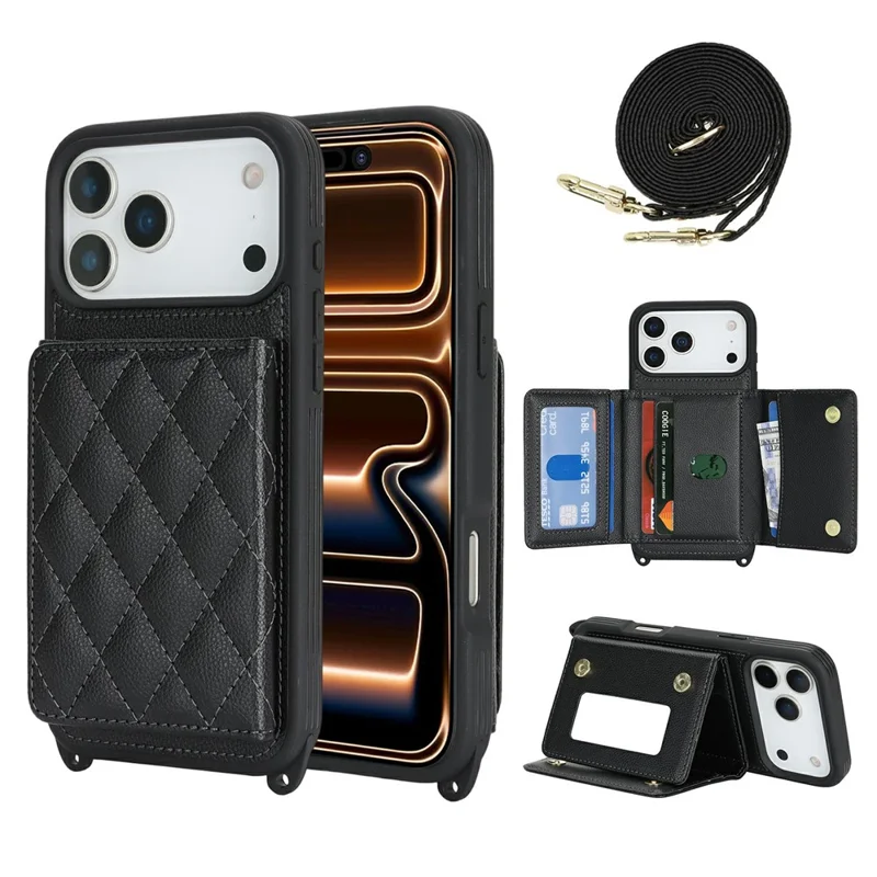 For iPhone 17 Pro Case with Lanyard  /  Mirror  /  Card Holder Grids Pattern RFID Blocking Phone Cover - Black