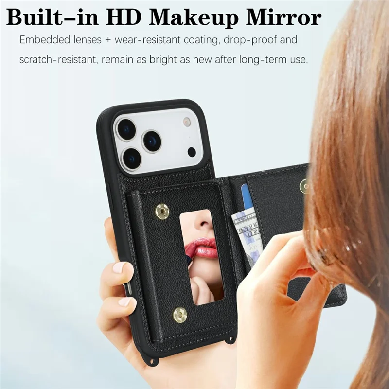 For iPhone 17 Pro Case with Lanyard  /  Mirror  /  Card Holder Grids Pattern RFID Blocking Phone Cover - Black